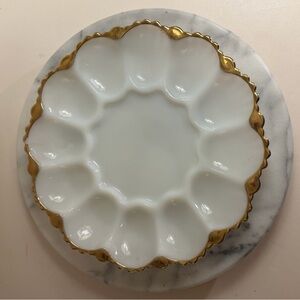 Vintage Milk Glass Deviled Egg Plate Gold Trim Scalloped 10.5”